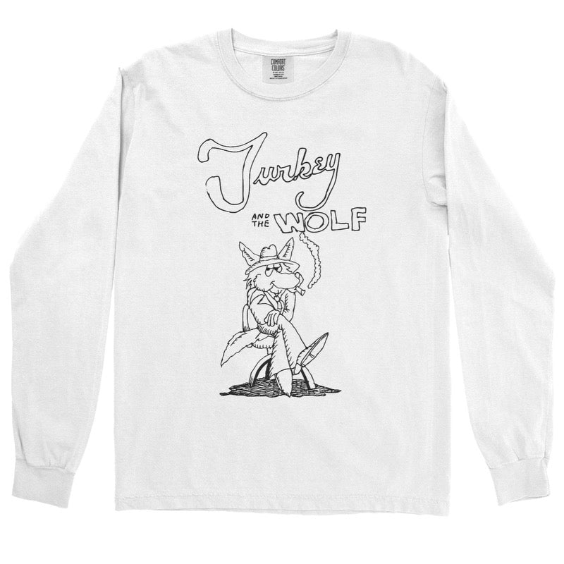 White long sleeve t-shirt with black ink drawing of Hunter S Wolfson and the words Turkey and the Wolf